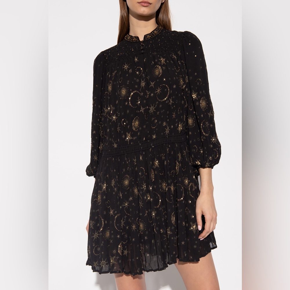 All Saints Black and Gold Smocked A-Line Dress - Picture 14 of 15
